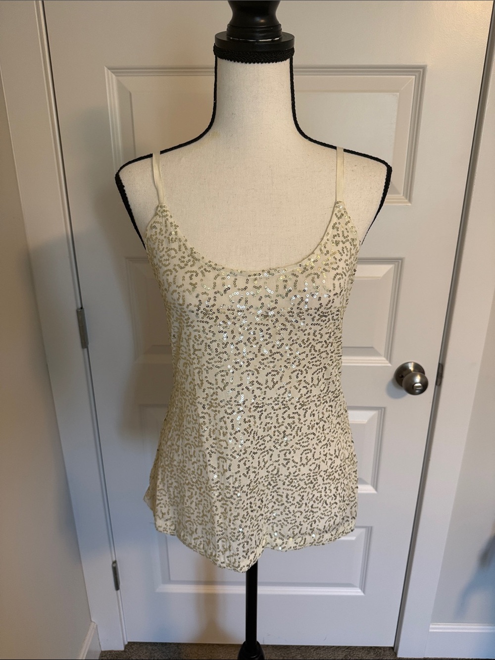 Moda International| Women's Cream Sequin Cami Tank Top with Adjustable Straps